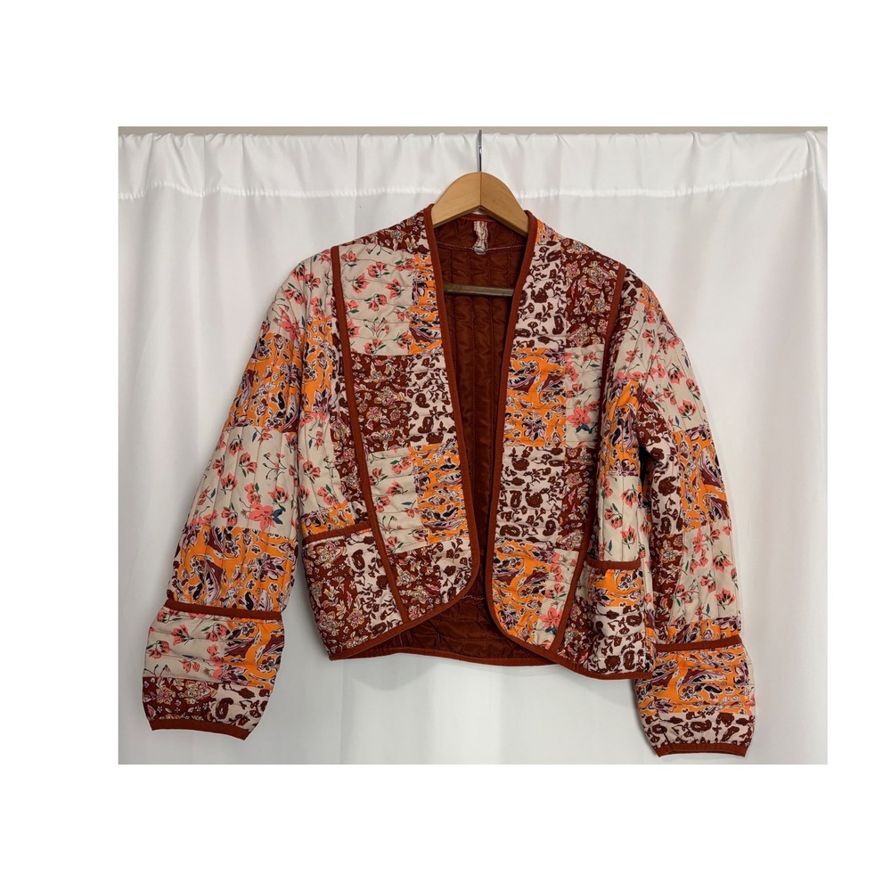 Boho Floral Patchwork Quilted Open Front Jacket Brown Medium Cottage Fall Light